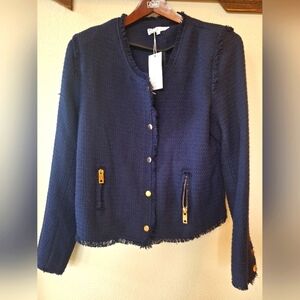 NWT One Third Navy Tweed Fringe Zip/Snap Collarless Jacket Womens size L